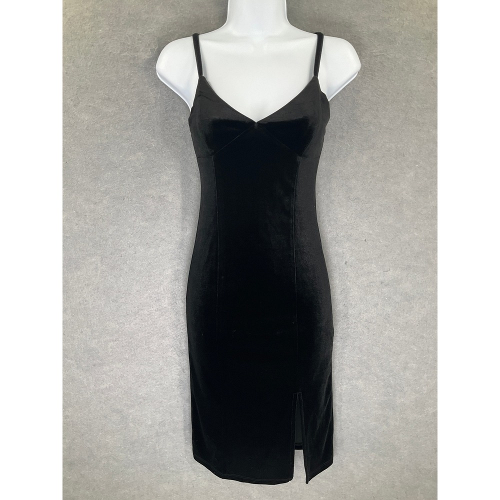 Forever 21 Dress Womens Sz S Black Velvet Spaghetti Strap Slit Homecoming Party